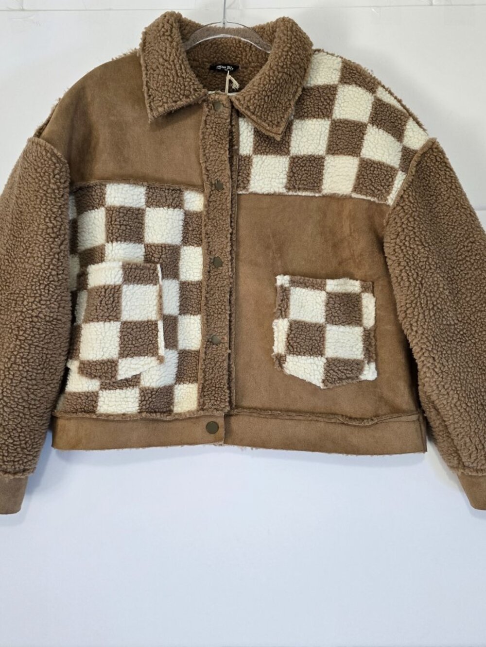 Miss Me Sherpa Faux Suede Jacket L Tan Checkered Patchwork NWT - Picture 2 of 9